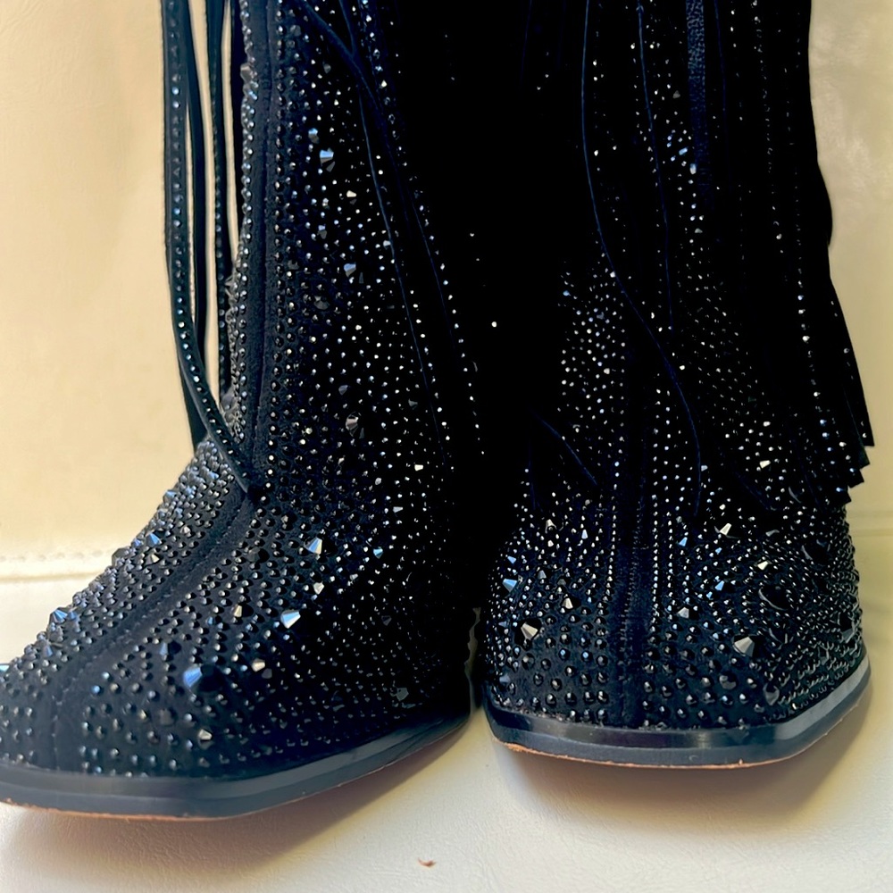 Jessica Simpson Black Rhinestone Boots with Fringe. - Picture 8 of 11